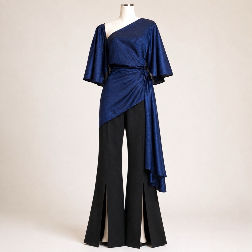Solace London Tandee Jumpsuit 8 Navy Black One Shoulder Wide Leg Slit Formal